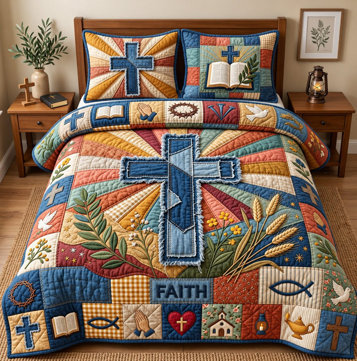 Faith quilted 3-piece bedding set on a made bed in a softly lit bedroom