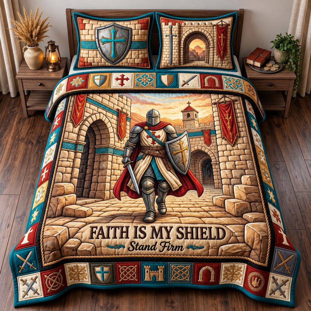 Faith Shield quilted 3-piece bedding set on a made bed in a softly lit bedroom