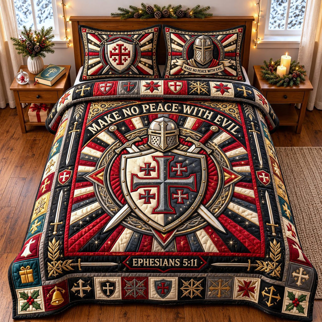 Faith Shield quilted 3-piece bedding set on a made bed in a softly lit bedroom