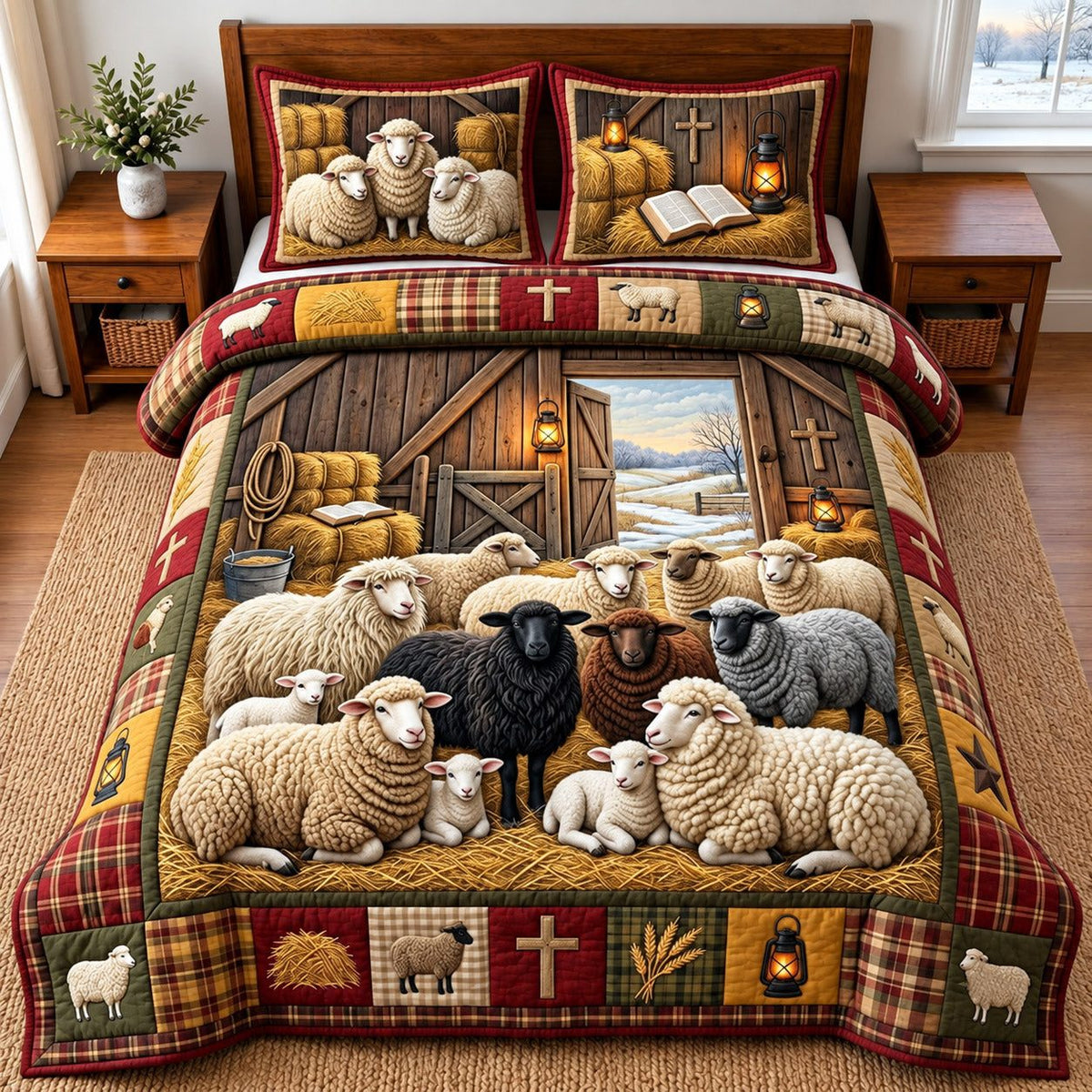 Faithful Flock quilted 3-piece bedding set on a made bed in a softly lit bedroom