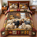 Faithful Flock quilted 3-piece bedding set on a made bed in a softly lit bedroom