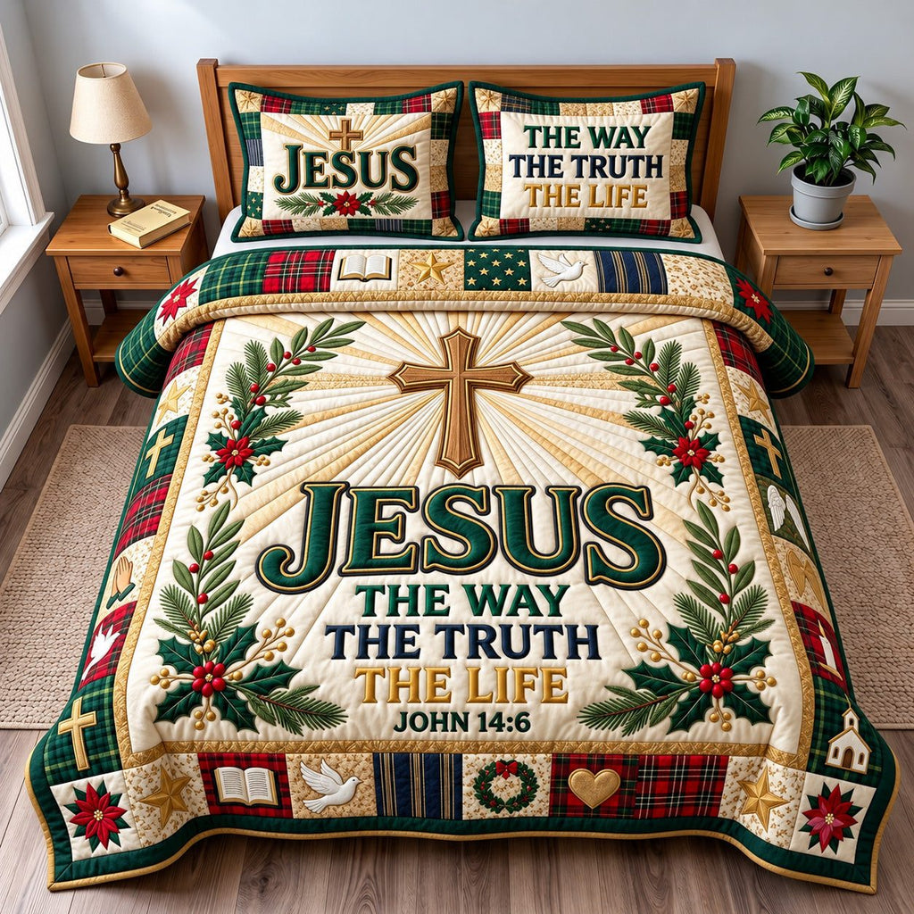 Faithful Jesus quilted 3-piece bedding set on a made bed in a softly lit bedroom