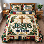 Faithful Jesus quilted 3-piece bedding set on a made bed in a softly lit bedroom