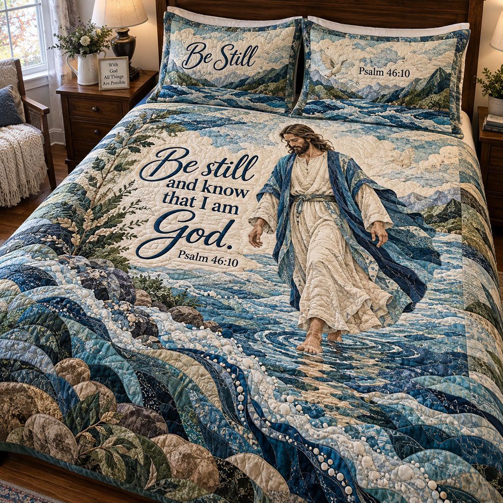 Faithful Journey quilted 3-piece bedding set on a made bed in a softly lit bedroom