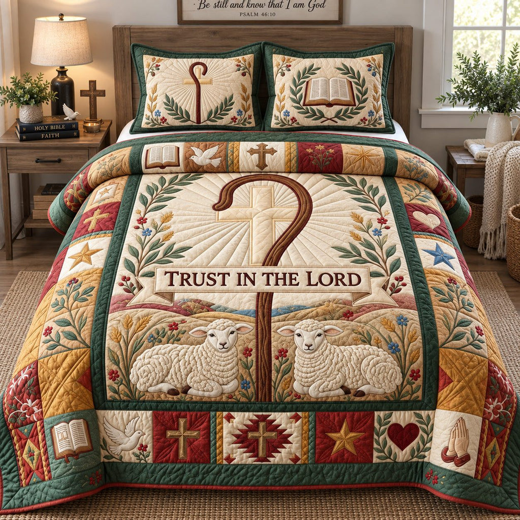 Faithful Shepherd quilted 3-piece bedding set on a made bed in a softly lit bedroom