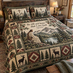 Faithful Wilderness quilted 3-piece bedding set on a made bed in a softly lit bedroom