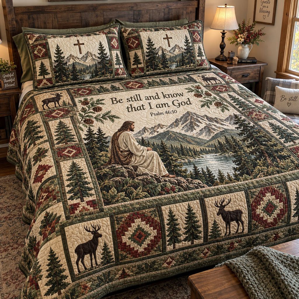 Faithful Wilderness quilted 3-piece bedding set on a made bed in a softly lit bedroom