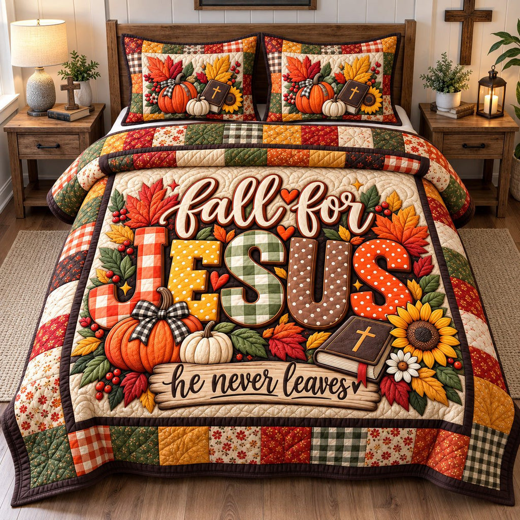Fall For Jesus quilted 3-piece bedding set on a made bed in a softly lit bedroom