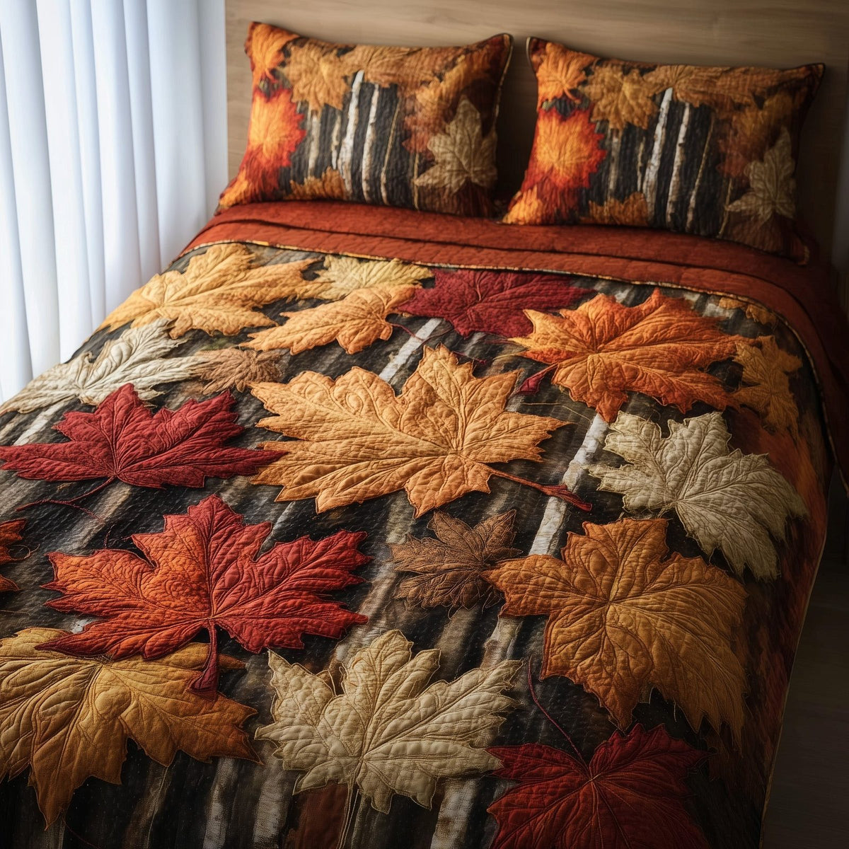 Fall Leaves Maple Rust quilted 3-piece bedding set on a made bed with two matching pillow shams