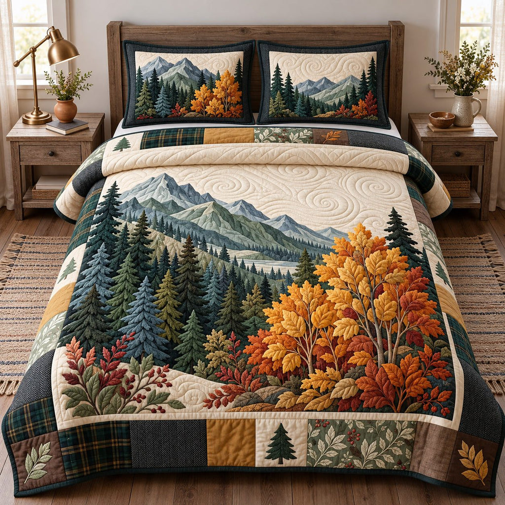 Fall Mountain quilted 3-piece bedding set on a made bed with two matching pillow shams