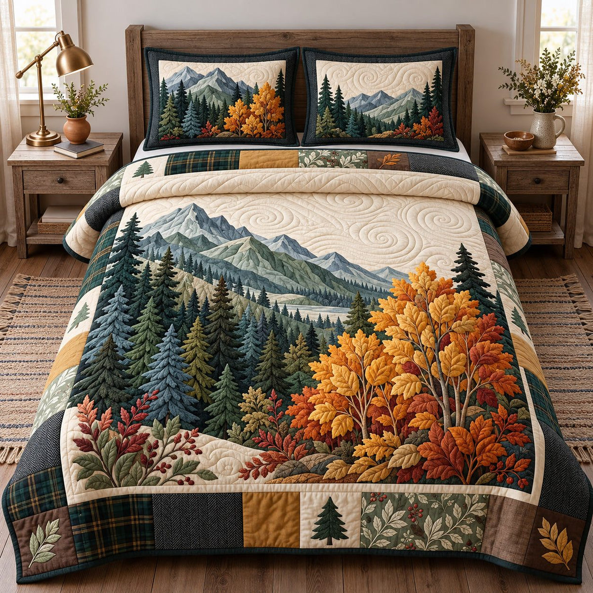 Fall Mountain quilted 3-piece bedding set on a made bed with two matching pillow shams