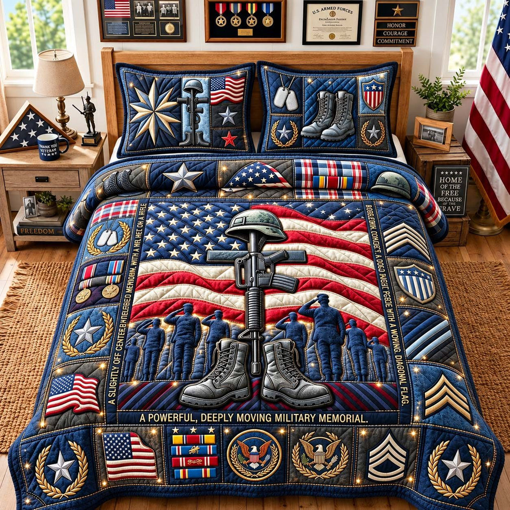 Fallen Heroes Memorial quilted 3-piece bedding set on a made bed with two matching pillow shams