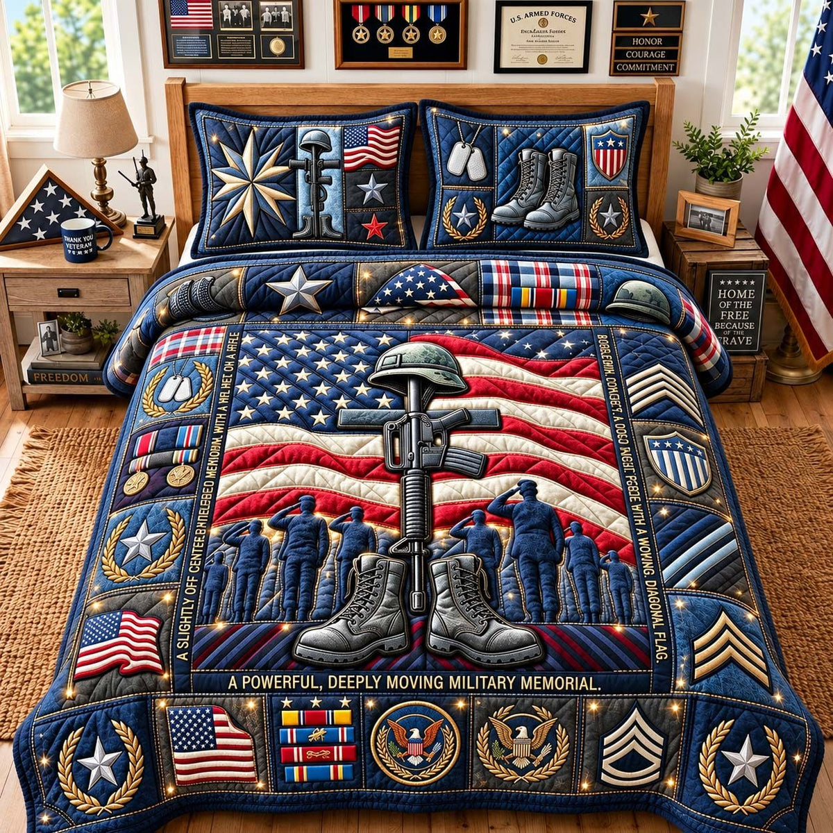 Fallen Heroes Memorial quilted 3-piece bedding set on a made bed with two matching pillow shams