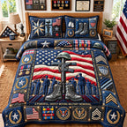 Fallen Heroes Memorial quilted 3-piece bedding set on a made bed with two matching pillow shams