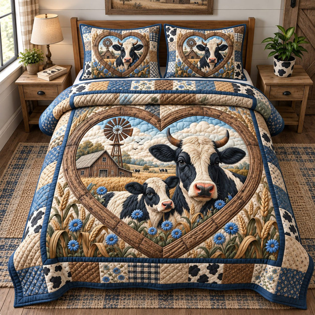 Farm Cow And Calf quilted 3-piece bedding set on a made bed with two matching pillow shams