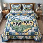 Farm Cow quilted 3-piece bedding set on a made bed with two matching pillow shams