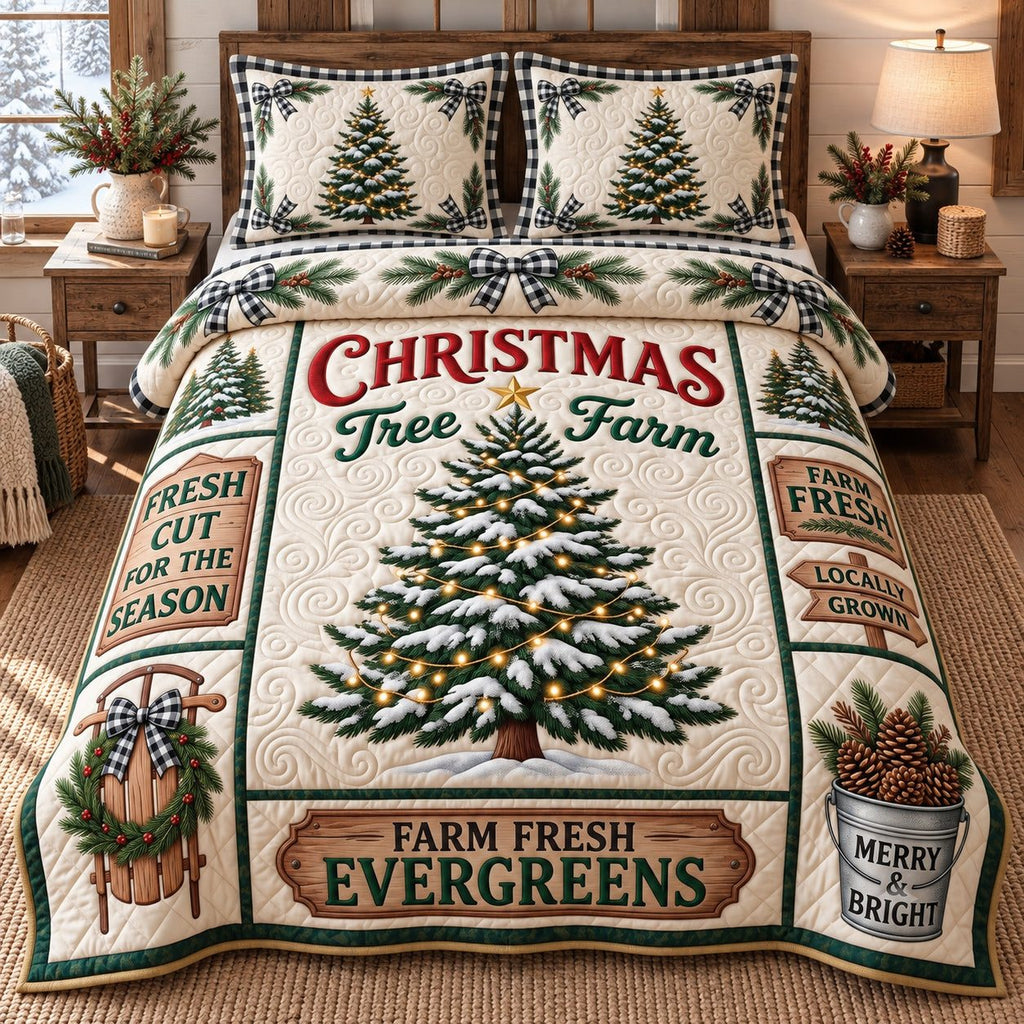 Farm Fresh Evergreens Christmas Tree Farm quilted 3-piece bedding set on a made bed in a winter-styled bedroom