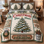 Farm Fresh Evergreens Christmas Tree Farm quilted 3-piece bedding set on a made bed in a winter-styled bedroom