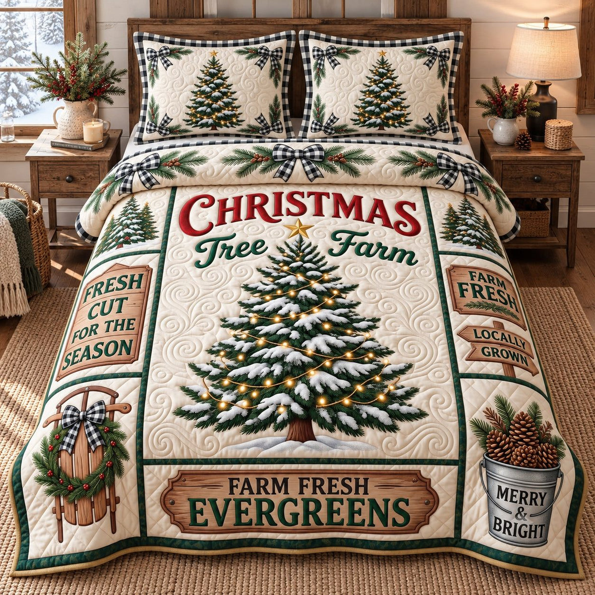 Farm Fresh Evergreens Christmas Tree Farm quilted 3-piece bedding set on a made bed in a winter-styled bedroom