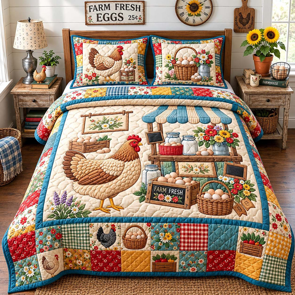 Farm Fresh Market quilted 3-piece bedding set on a made bed with two matching pillow shams