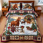 Farm Horse quilted 3-piece bedding set on a made bed in a rustic timber bedroom