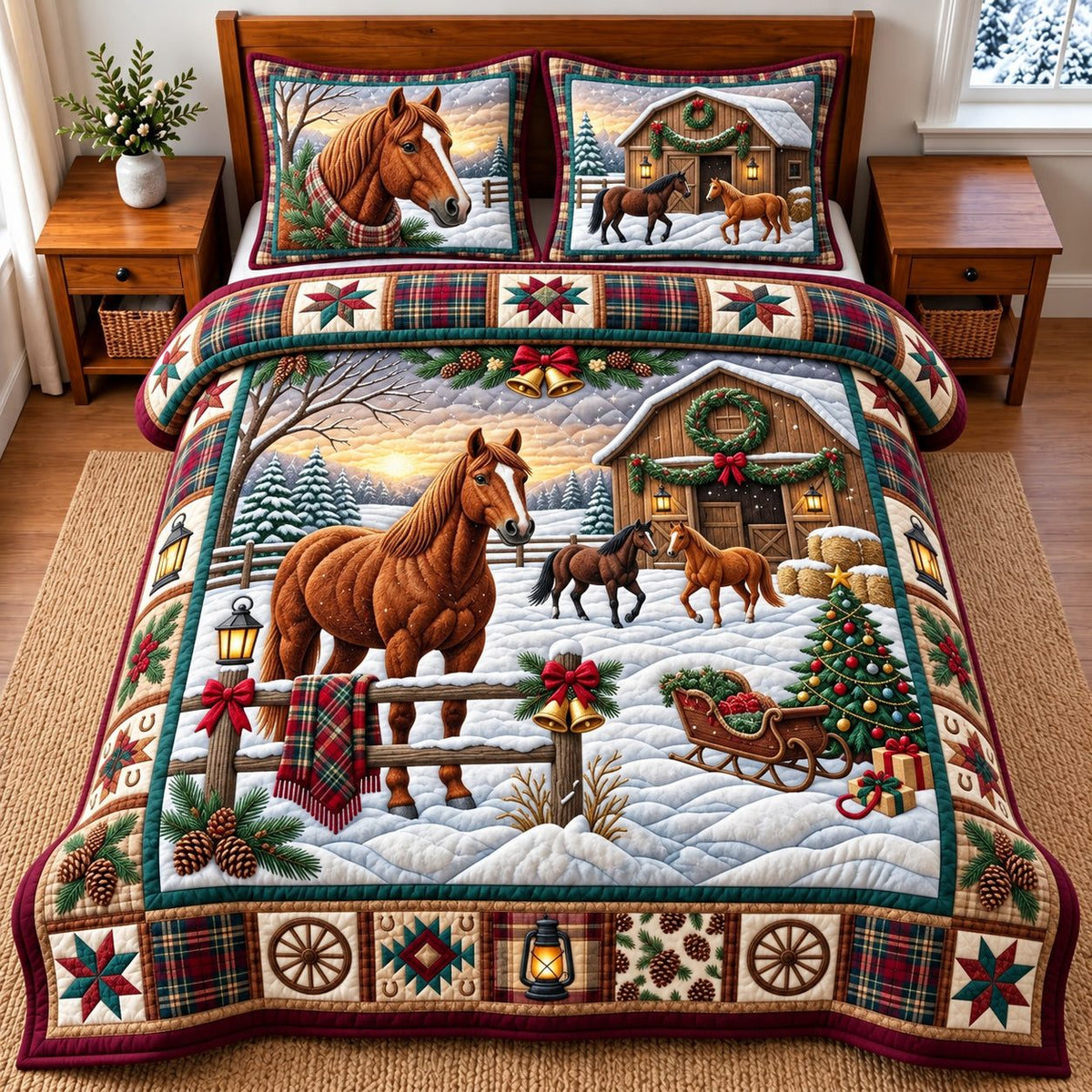 Farm Horse quilted 3-piece bedding set on a made bed in a rustic timber bedroom