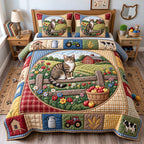 Farmhouse Cat quilted 3-piece bedding set on a made bed in a farmhouse bedroom