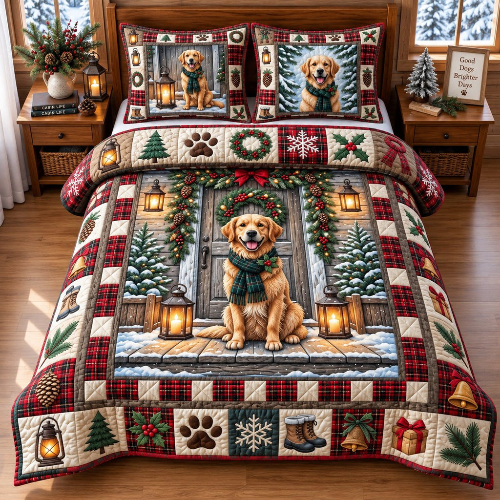 Farmhouse Golden Retriever quilted 3-piece bedding set on a made bed in a farmhouse bedroom