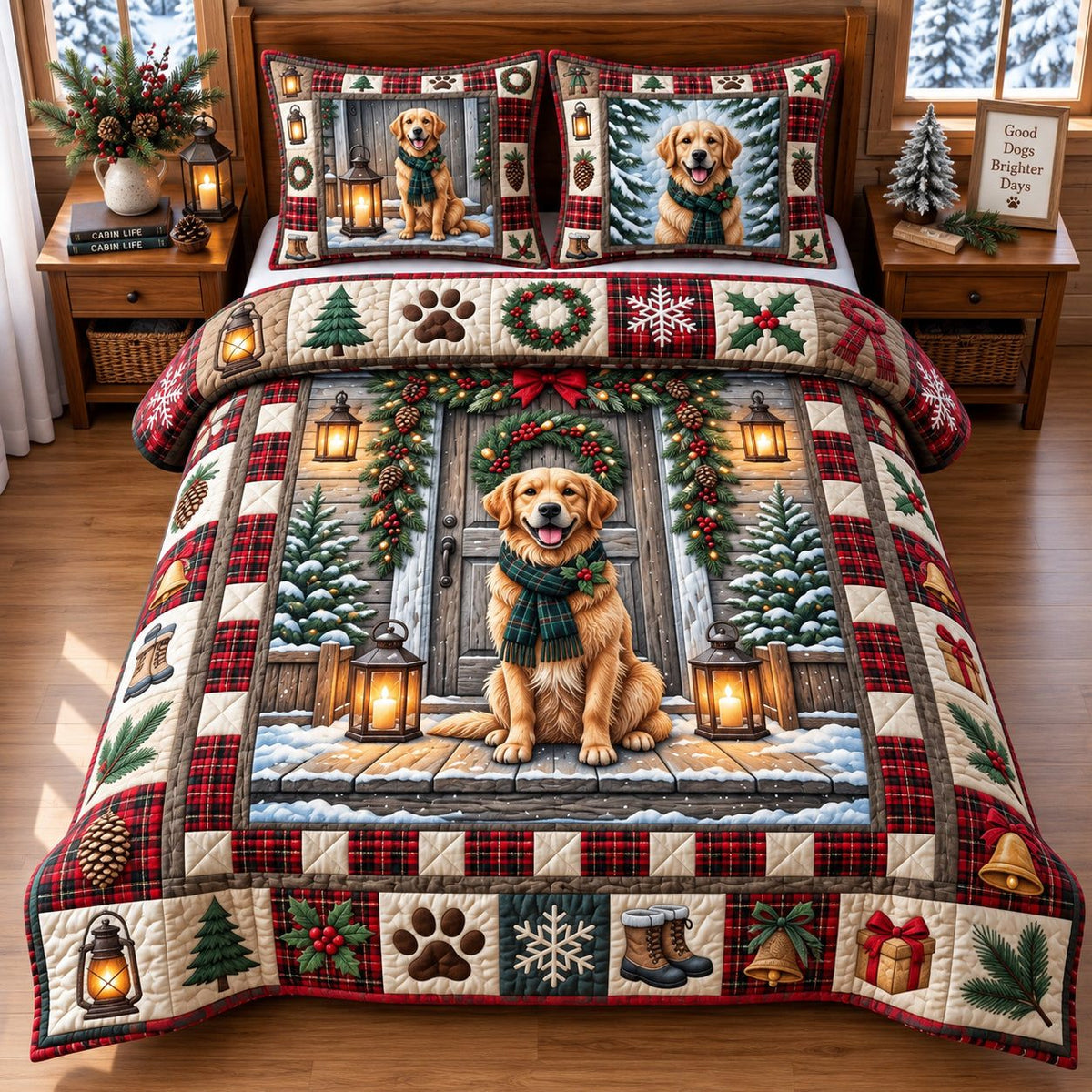 Farmhouse Golden Retriever quilted 3-piece bedding set on a made bed in a farmhouse bedroom