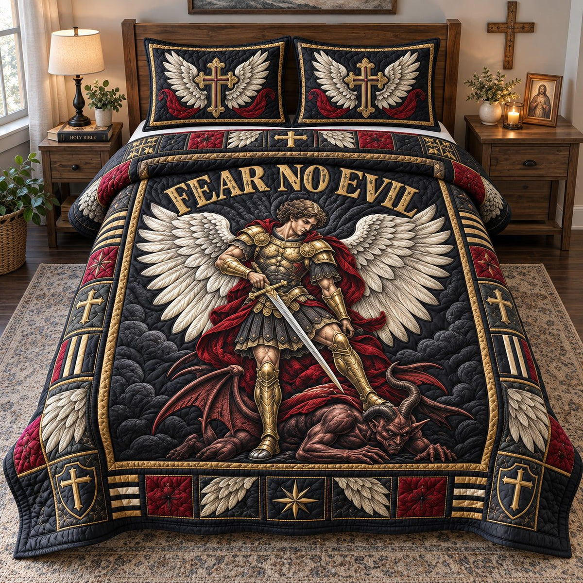 Fear No Evil quilted 3-piece bedding set on a made bed with two matching pillow shams