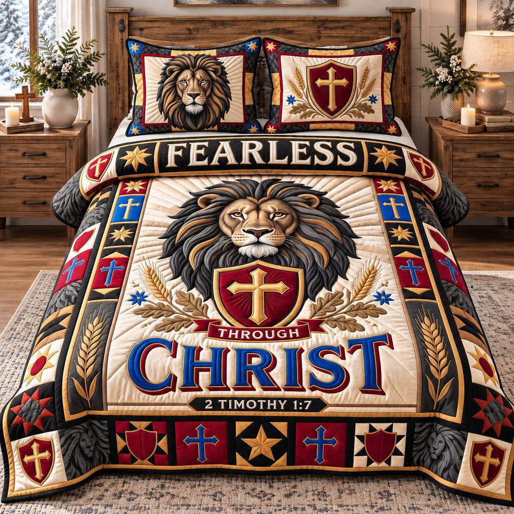 Fearless Through Christ quilted 3-piece bedding set on a made bed in a softly lit bedroom