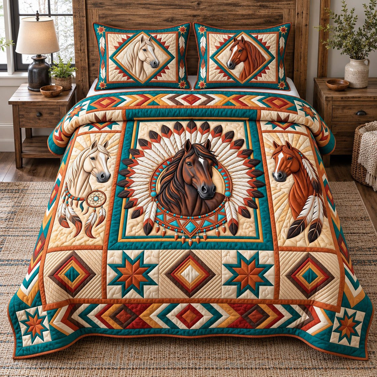 Feather Medallion Tribal Horse quilted 3-piece bedding set on a made bed in a rustic timber bedroom