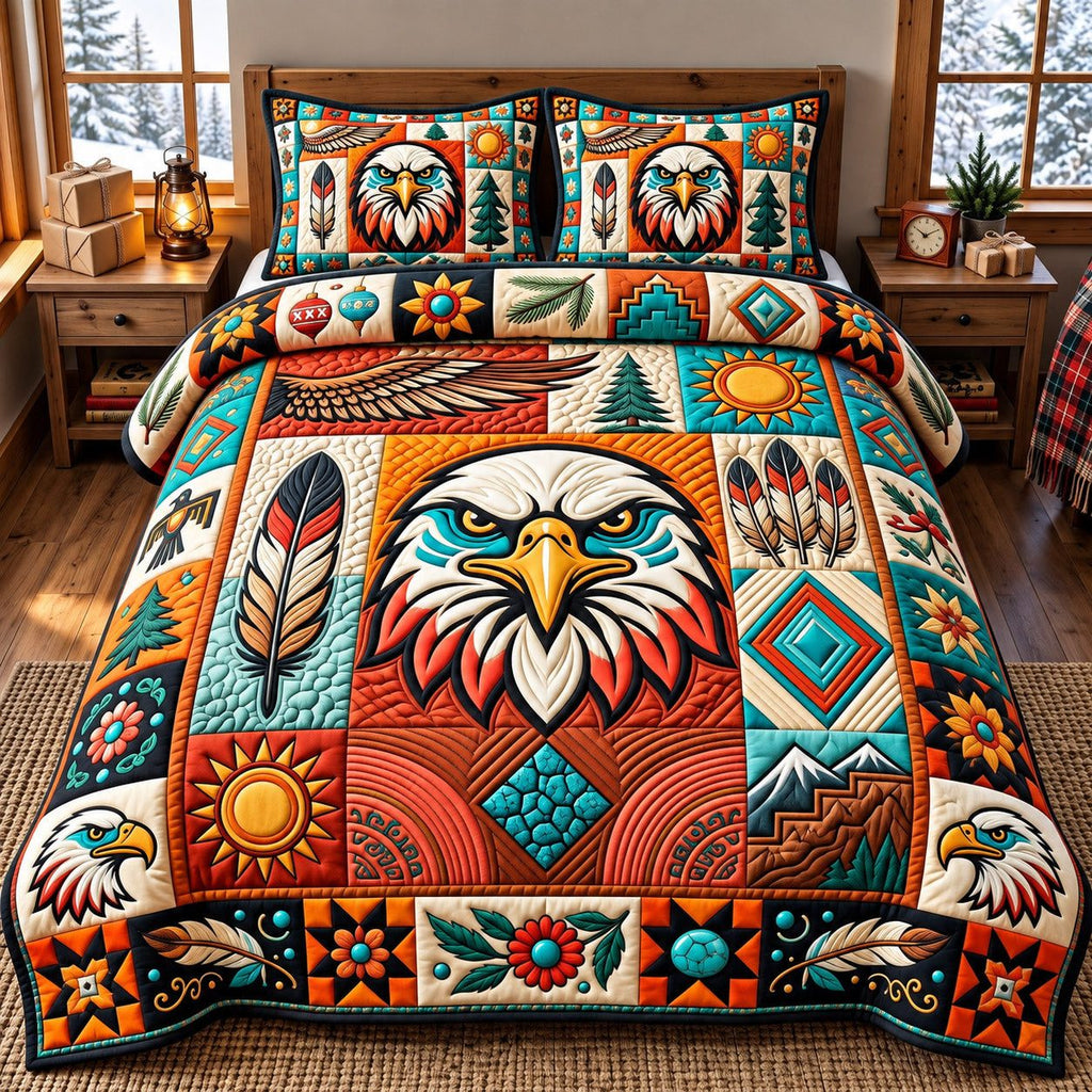 Feather Patchwork Eagle Spirit quilted 3-piece bedding set on a made bed in a warmly lit bedroom