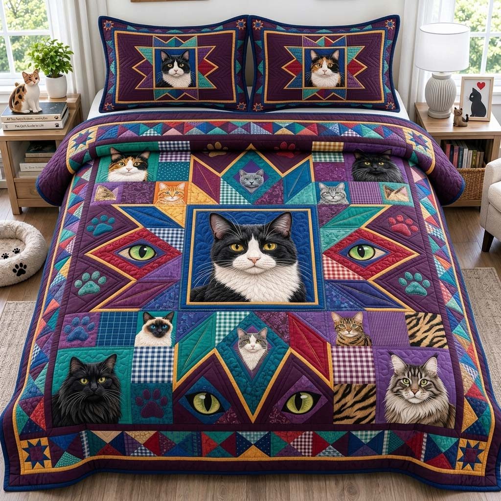 Feline Patchwork quilted 3-piece bedding set on a made bed in a farmhouse bedroom