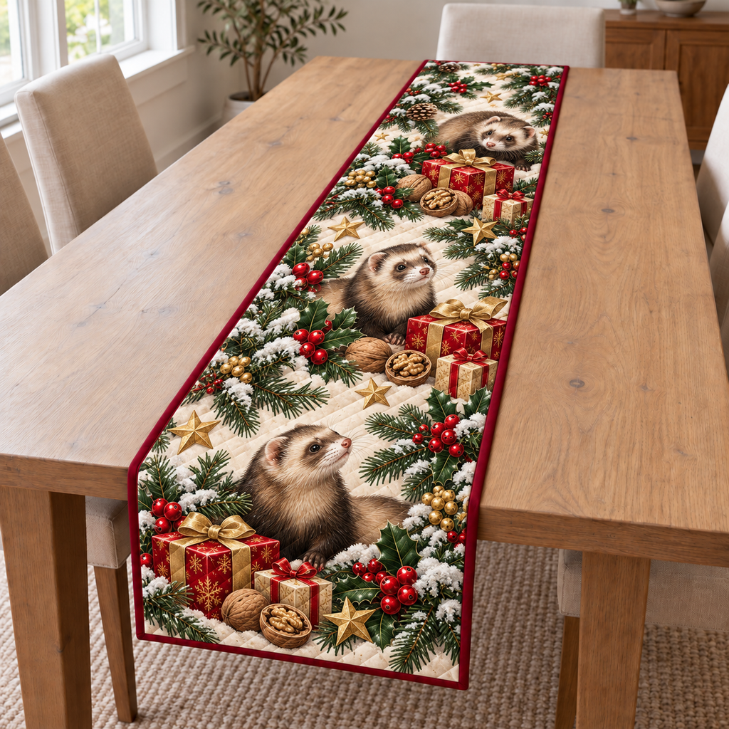 Ferret Walnut Gift printed Christmas quilted table runner; design mockup showing a flat printed depth effect.