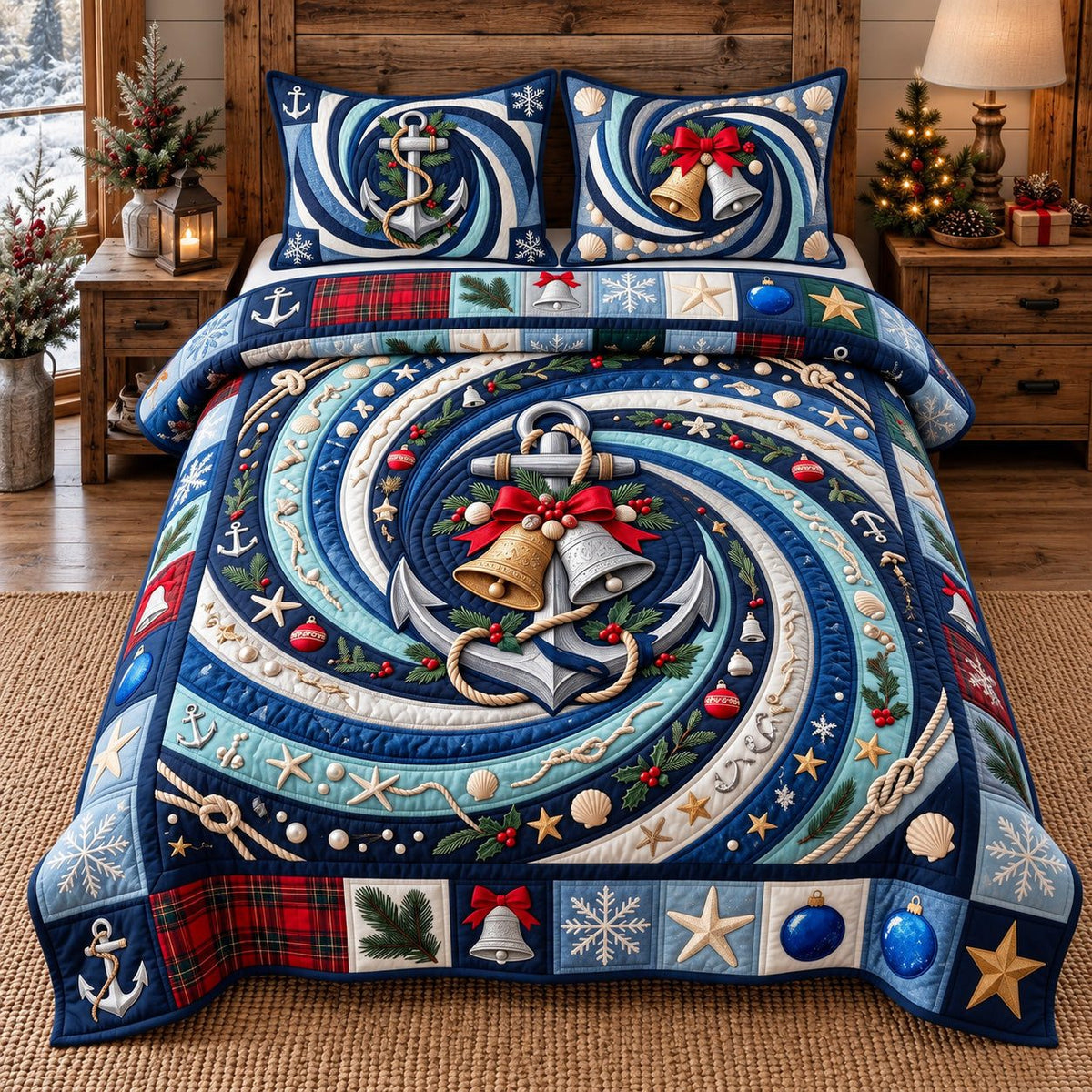 Festive Anchor Bells quilted 3-piece bedding set on a made bed in a winter-styled bedroom