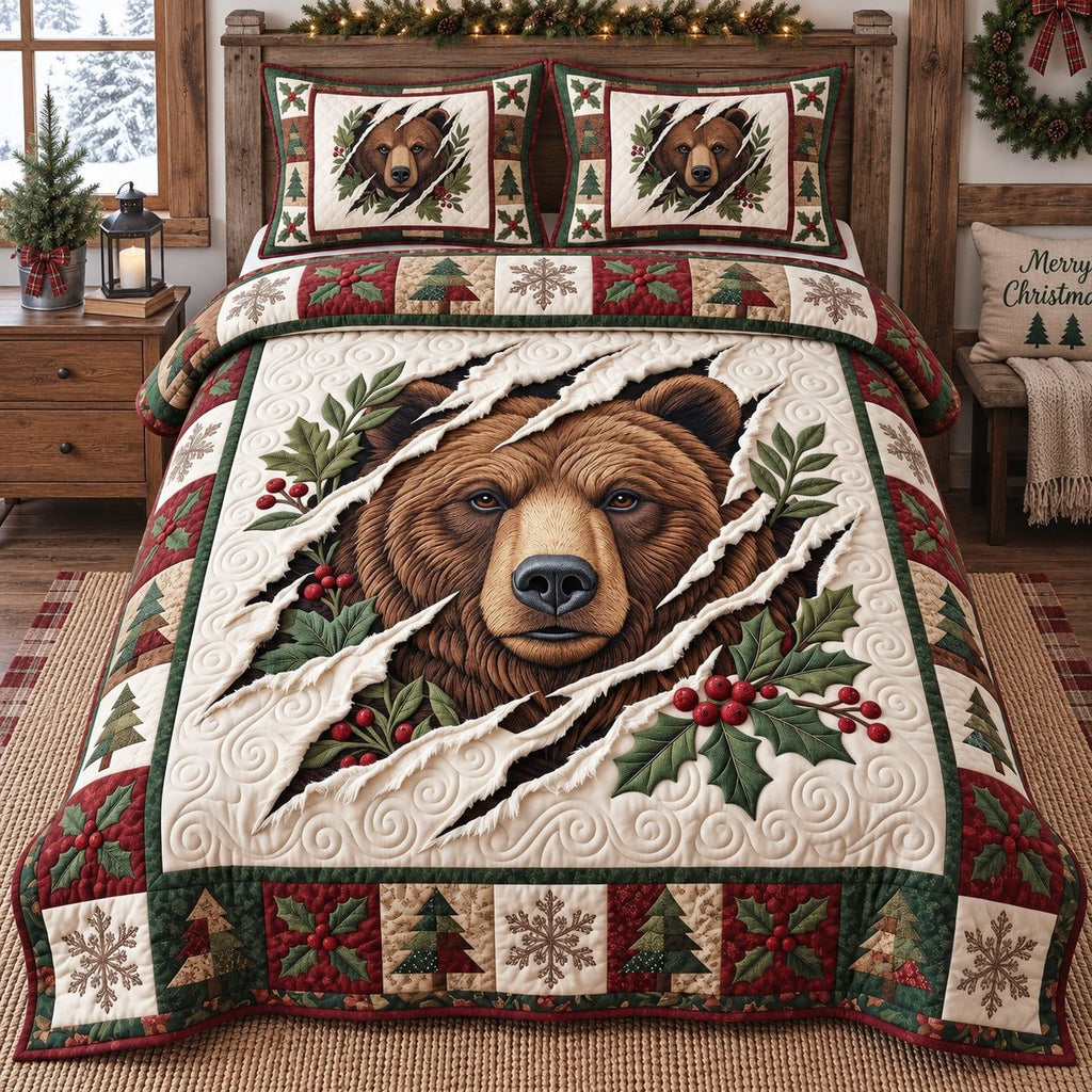Festive Brown Bear quilted 3-piece bedding set on a made bed in a winter-styled bedroom