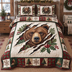 Festive Brown Bear quilted 3-piece bedding set on a made bed in a winter-styled bedroom