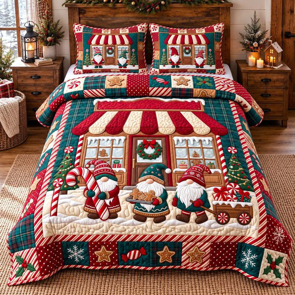 Festive Candy Shop Gnomes quilted 3-piece bedding set on a made bed in a winter-styled bedroom
