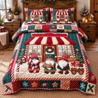 Festive Candy Shop Gnomes quilted 3-piece bedding set on a made bed in a winter-styled bedroom