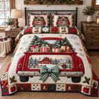 Festive Farm Truck quilted 3-piece bedding set on a made bed in a winter-styled bedroom