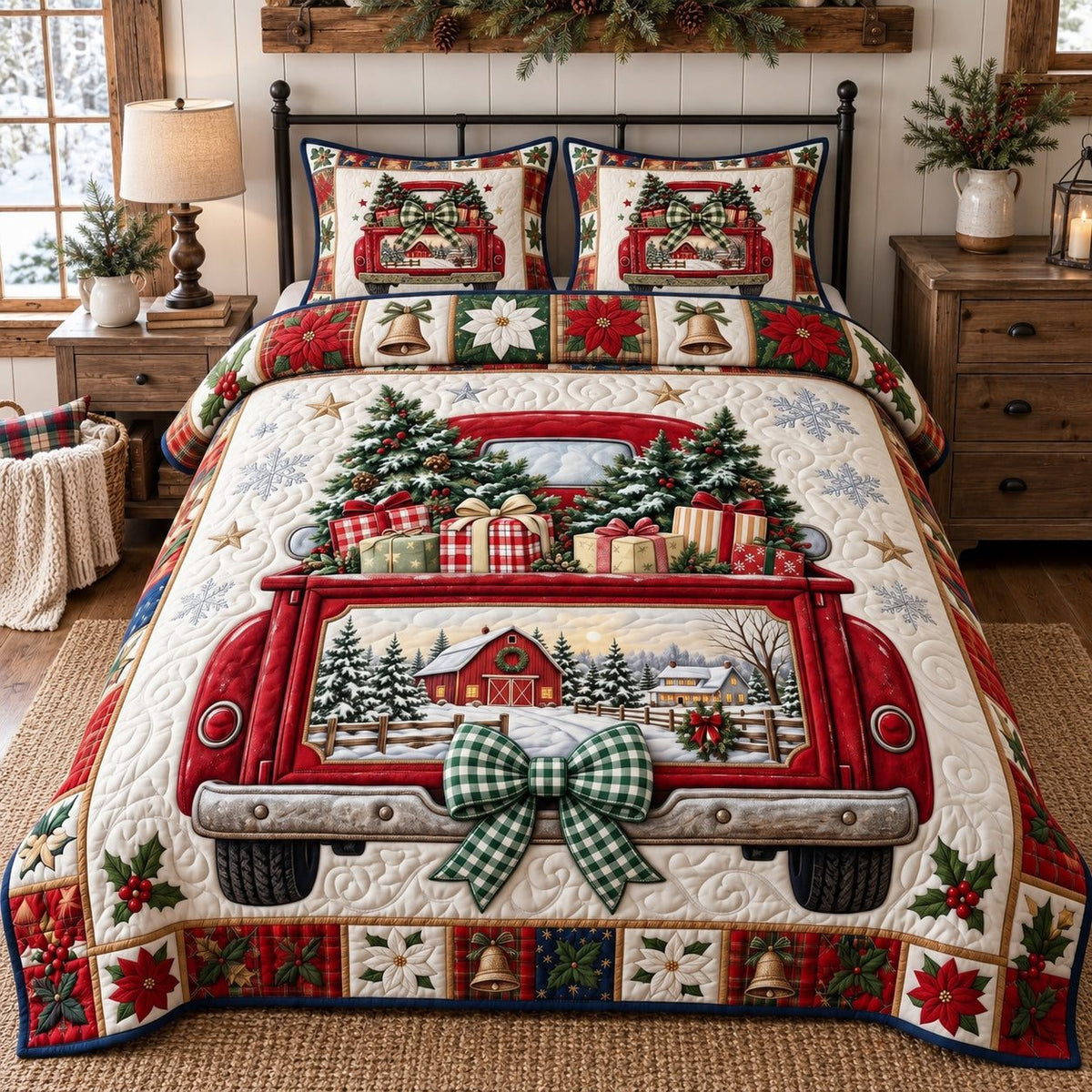 Festive Farm Truck quilted 3-piece bedding set on a made bed in a winter-styled bedroom