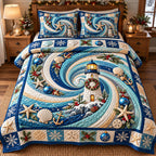 Festive Lighthouse Swirl quilted 3-piece bedding set on a made bed in a winter-styled bedroom