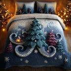 Festive Octopus Navy Trees quilted 3-piece bedding set on a made bed in a winter-styled bedroom