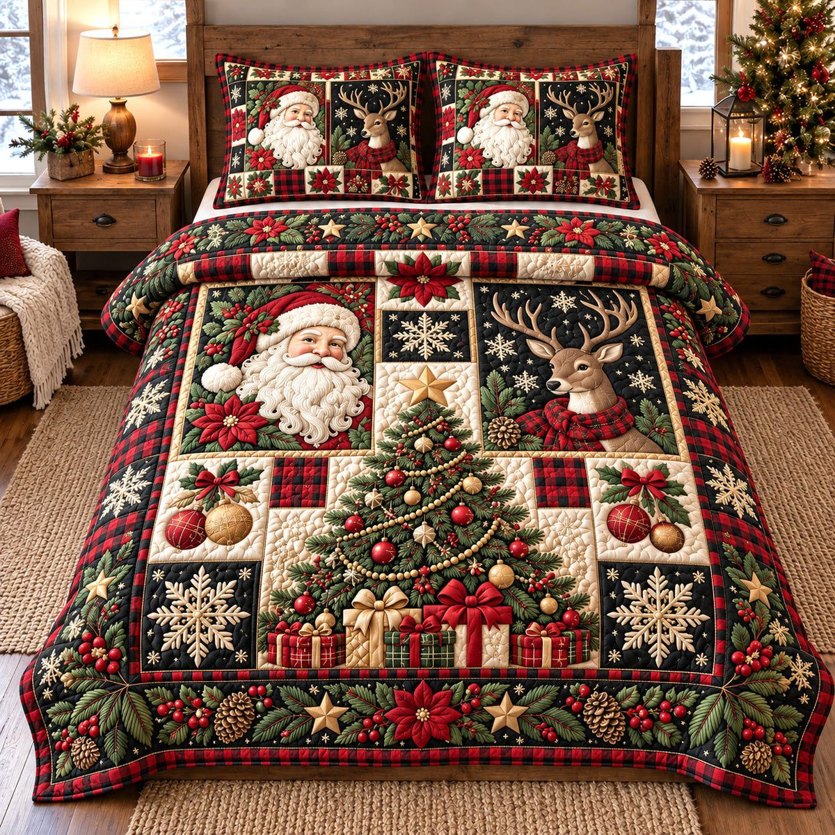 Festive Patchwork quilted 3-piece bedding set on a made bed in a winter-styled bedroom