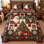 Festive Patchwork quilted 3-piece bedding set on a made bed in a winter-styled bedroom