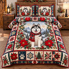Festive Poinsettia Husky quilted 3-piece bedding set on a made bed in a winter-styled bedroom