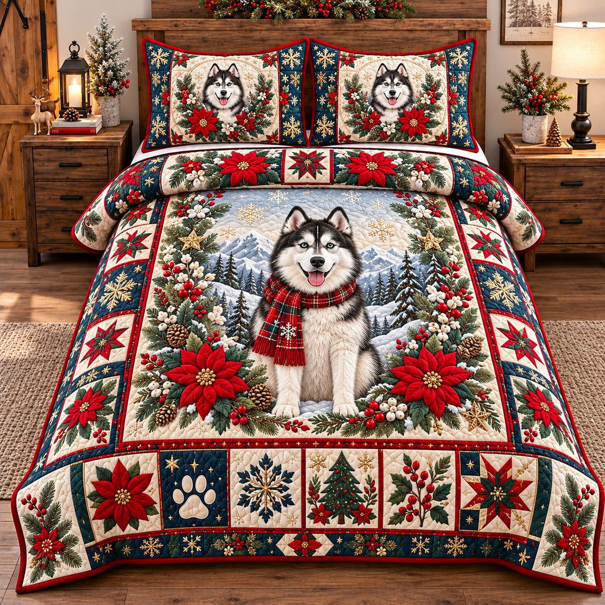 Festive Poinsettia Husky quilted 3-piece bedding set on a made bed in a winter-styled bedroom