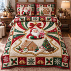 Festive Santa Claus quilted 3-piece bedding set on a made bed in a winter-styled bedroom