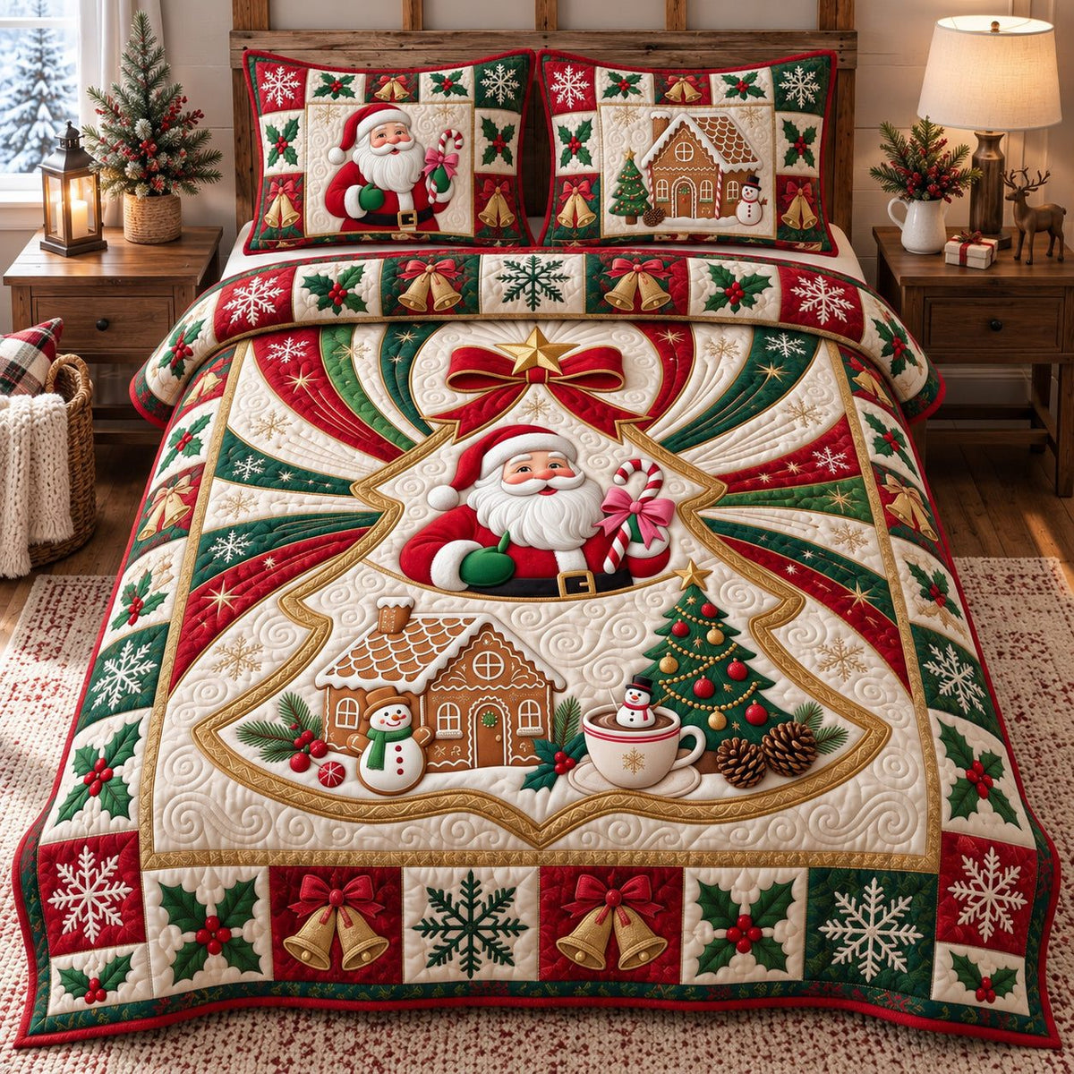 Festive Santa Claus quilted 3-piece bedding set on a made bed in a winter-styled bedroom